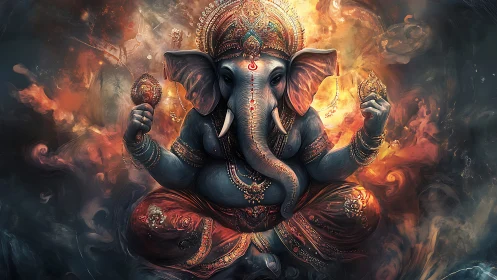 Intricately rendered Ganesha deity with luminous volumetric fire backdrop