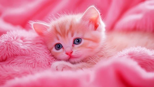 Adorable Pink Kitten Nestled in Fluffy Bedding.