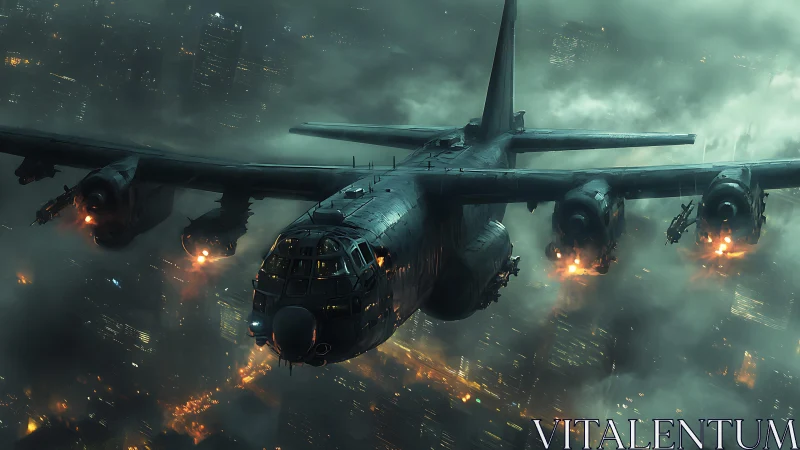 Night-raid gunship over neon megacity in turbulent cloudfield.