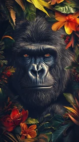Gorilla portrait emerges from lush tropical flowers and leaves.