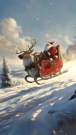 Santa figure in red sleigh pulled by reindeer over snowy hill.
