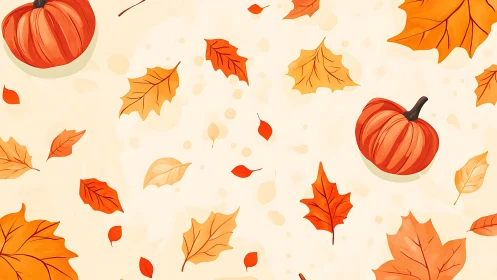 Cozy pumpkins and fluttering autumn leaves on soft cream.