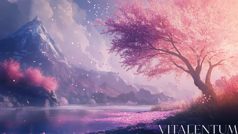 Serene pink blossom tree beside calm mountain lake.