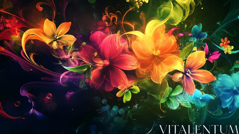 Vivid abstract floral burst in swirling neon colors.