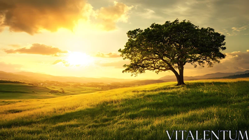 Solitary tree stands on sunlit hillside under low evening sun