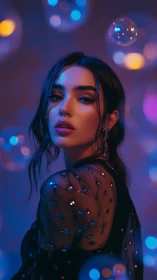 Woman in sequined dress under blue and purple studio lights.