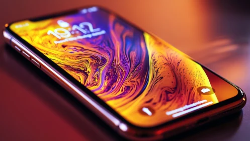 Smartphone displaying liquid color gradient wallpaper against warm backdrop.