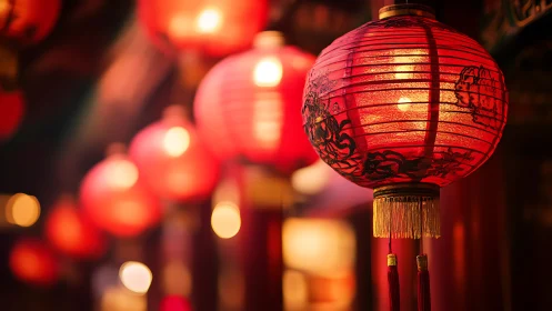 Lantern light drifts down a crimson corridor of soft bokeh