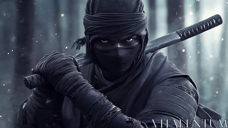 Stealth operative ninja portrait with drawn katana in foggy forest