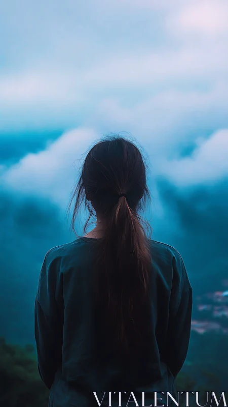 Person stands facing fog-covered valley in cool blue light