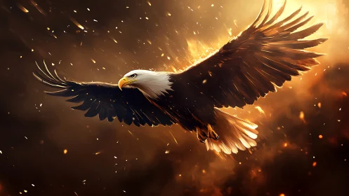 Majestic Bald Eagle in Flight Surrounded by Fiery Light, Digital Art.