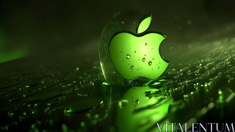 Green Apple Logo in Futuristic 3D Digital Art with Water Droplets.