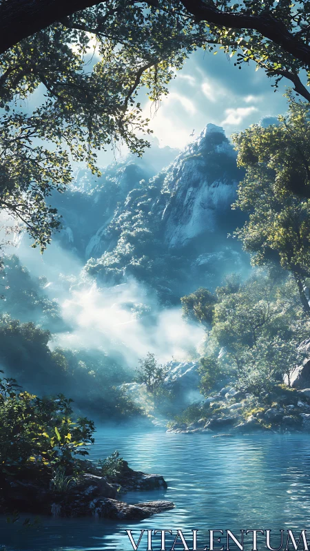 Luminous mountain lake shimmers beneath misty forest cliffs