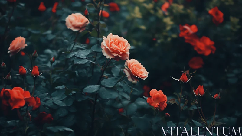 Coral Roses Bloom Through Moody Twilight Garden Dreams.