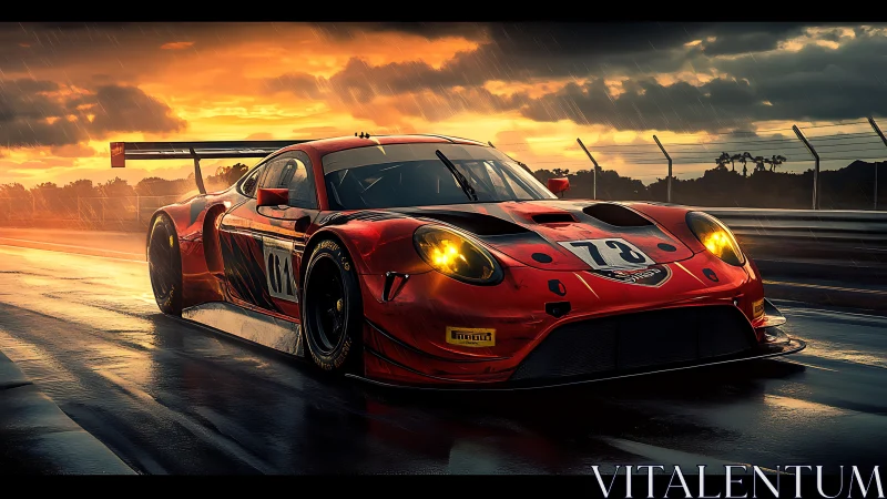 Red GT race car on wet track under dramatic sunset sky