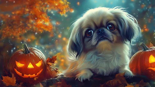 Soft-eyed puppy amid glowing Halloween pumpkins at dusk.