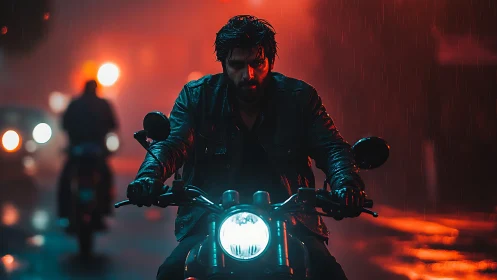 Cinematic rider in rain-soaked neon street composition.
