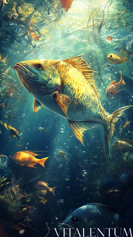 Golden fish glides through sunlit underwater forest dream