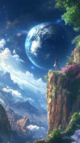 Girl on high cliff observes oversized earthlike planet in sky