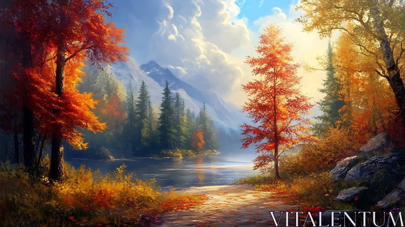 Autumn river chorus beneath sunlit mountains and drifting clouds.