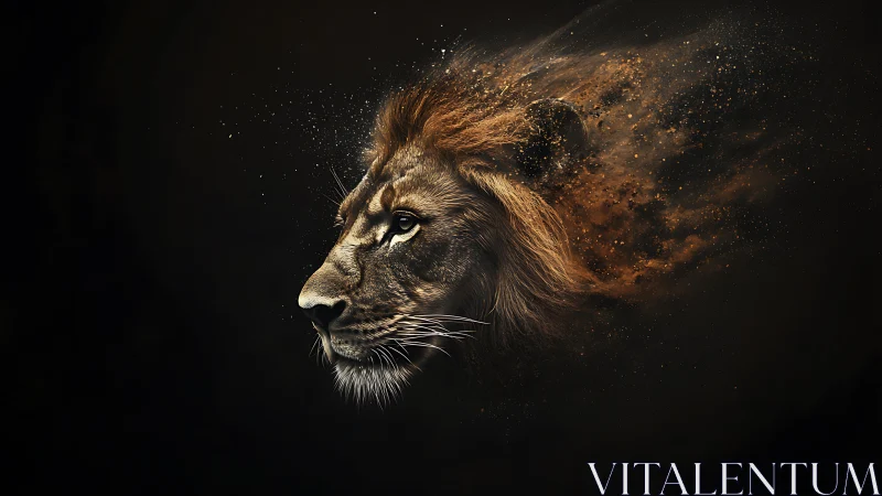 Lion profile dissolving into fiery cosmic dust trail.