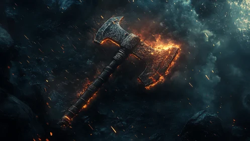 Burning double-headed war axe in smoky dark environment.