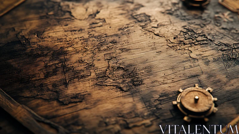 Weathered nautical world map shows engraved ocean routes