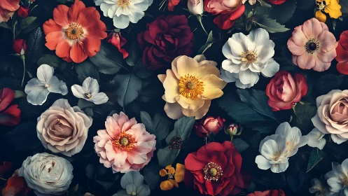 Floral arrangement with roses, dahlias, and gerbera on dark background.