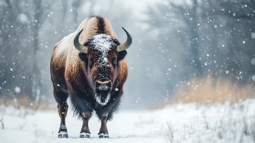 Snow-laden bison in frontal stance within diffuse winter field.