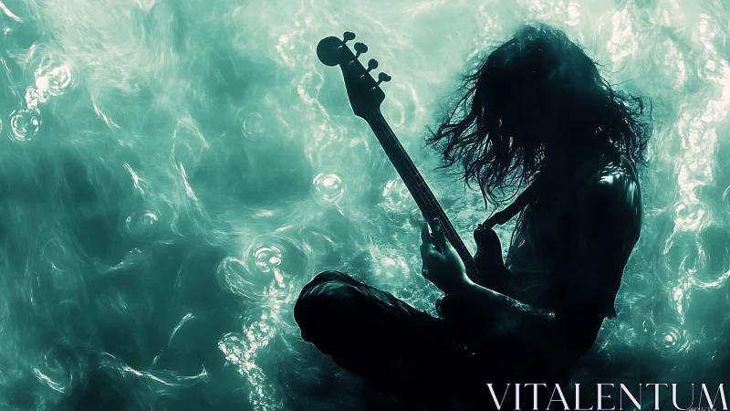 Electric guitarist dives into swirling teal dreamlight