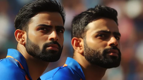 Two bearded men in blue sports jerseys face opposite directions