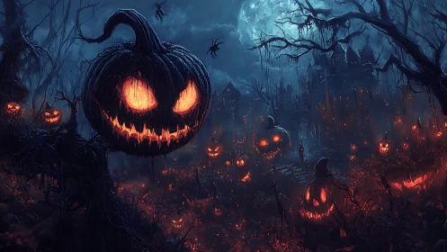 Night landscape with glowing jack o&rsquo;lanterns and mansion.