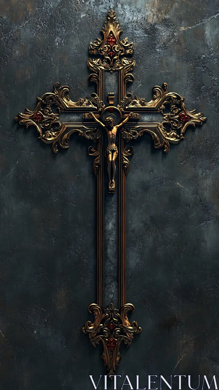 Baroque crucifix with ornate gilded filigree against aged wall