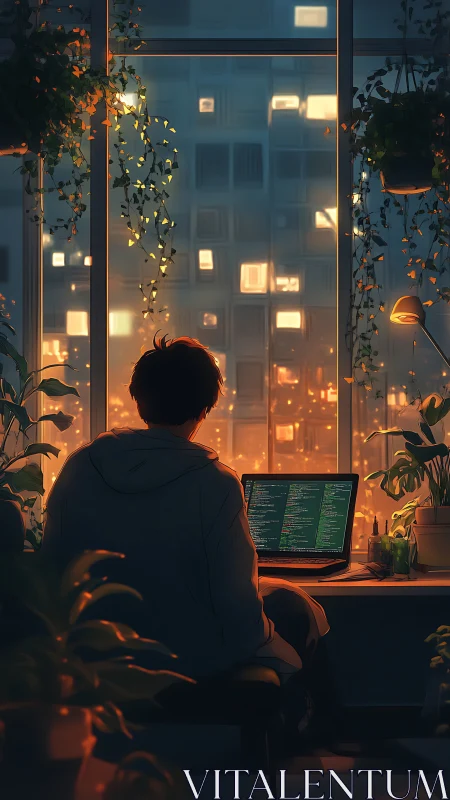 Night coder gazes over city lights from a tranquil studio
