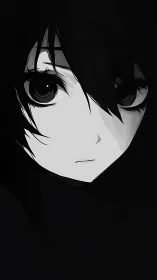 Monochrome anime portrait with high-contrast melancholic gaze.