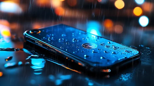 Night rain glows around a sleek smartphone on wet pavement