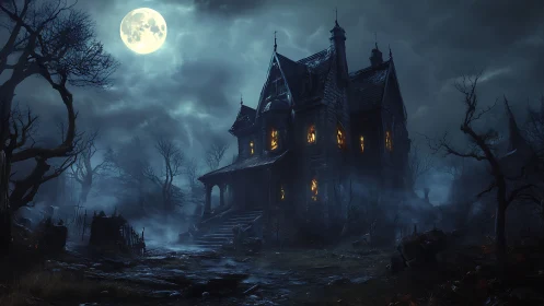 Gothic haunted mansion glows under a looming full moon.