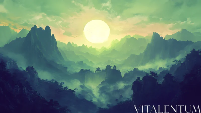 Moon-soaked jade mountains cradle whispering sky temples.