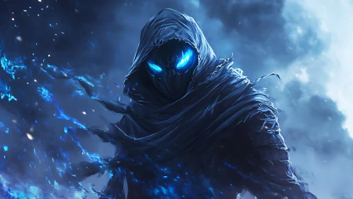 Mysterious blue-eyed wraith wandering through stormy magic.