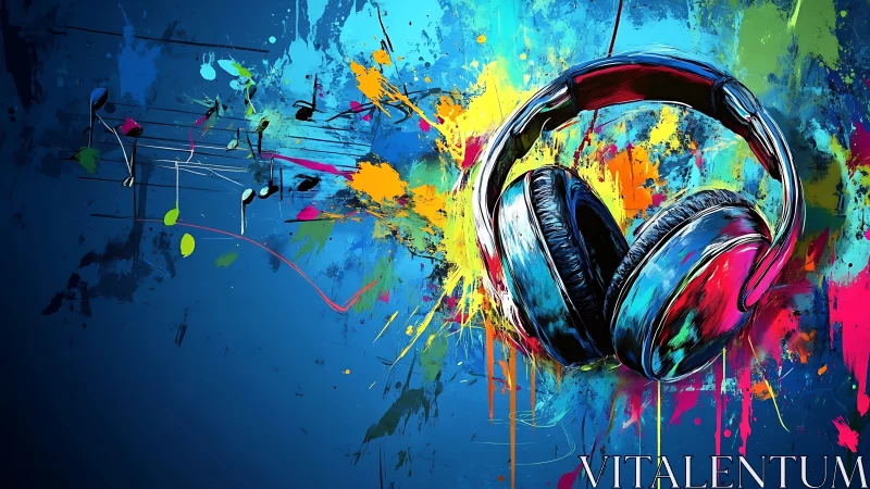 Chromatic over-ear headphones amid kinetic paint acoustics.