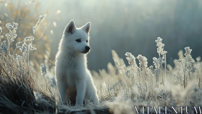 White puppy watches frosty meadow in soft dawn light.