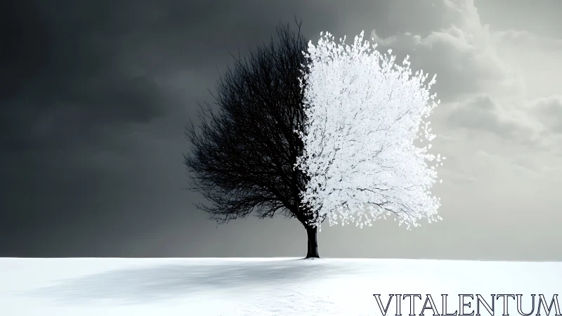Solitary half-winter tree stands against a brooding sky