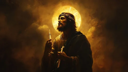 Digital painting of haloed saint in dramatic chiaroscuro focus.