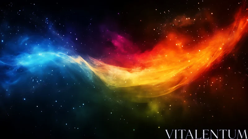 Colorful nebula stream curves across deep starry cosmos.