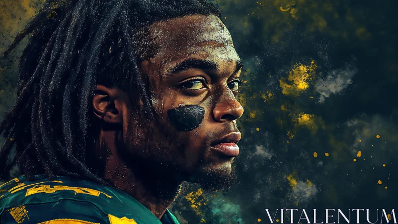 High-contrast gridiron portrait with textured particle bokeh field