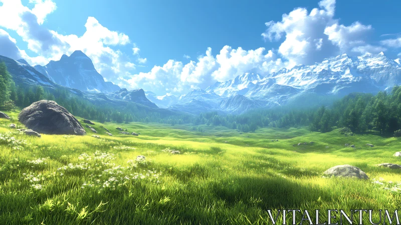 High dynamic range alpine meadow under volumetric cloud lighting