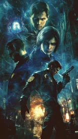 Composite illustration shows armed officers in urban chaos