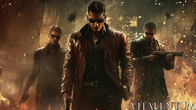 Gunmen in leather coats stride through blazing urban crossfire.