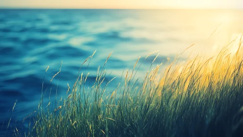 Backlit coastal grasses with shallow-depth ocean bokeh field.