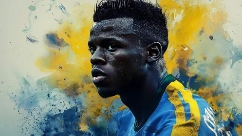 Football player portrait with abstract blue and yellow background.